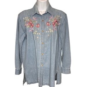 Vintage Passion Womens Floral Embroidered Chambray Denim Button Up Shirt Size S